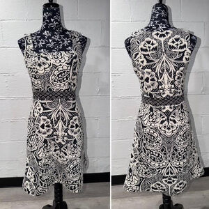 Anthropologie Square-Neck Jacquard Dress - Black & White Floral Damask Mini / XS